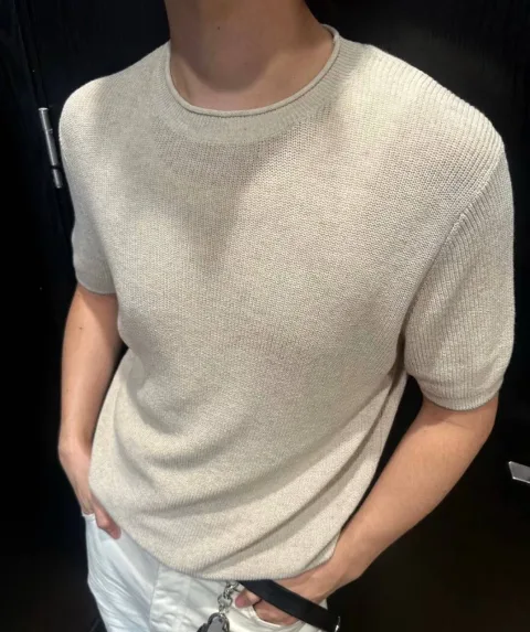 브루넬로 쿠치넬리 리브 린넨 코튼 니트 반팔 티셔츠 M2L707710